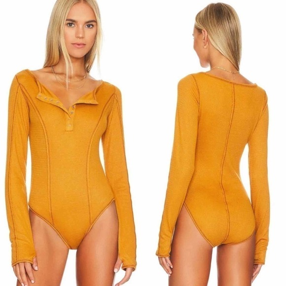 Free People Sloane Bodysuit Long Sleeve Snap V Neck Ribbed Amber Size Small - Picture 2 of 10